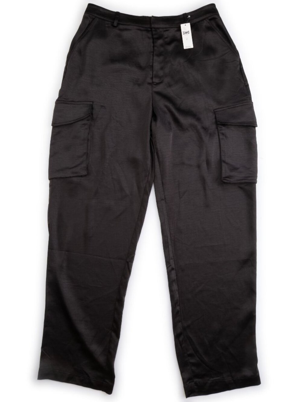 NEW GOOD AMERICAN black Washed Satin Cargo Pant size 12